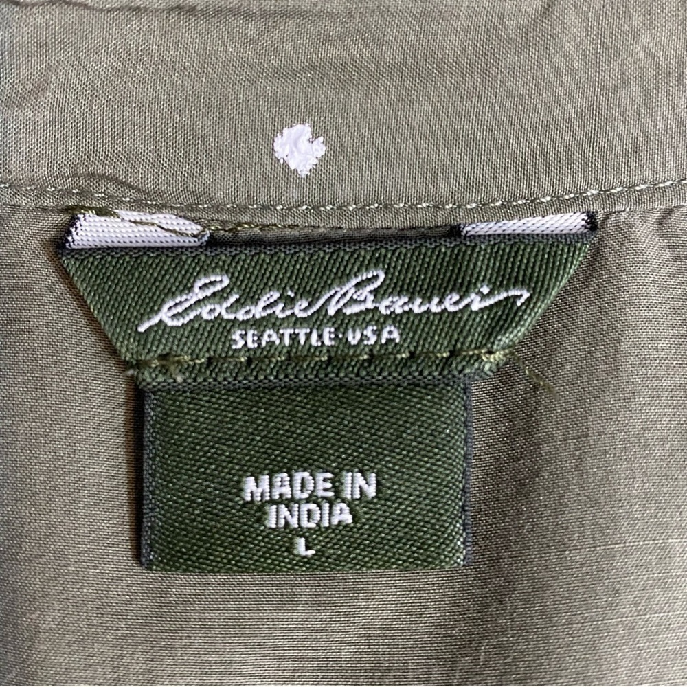 Eddie Bauer Women L Olive Green Long Sleeve Floral Embroidered Shirt silk blend - Picture 6 of 7